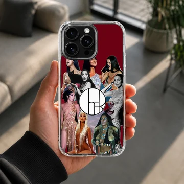 Vintage photo collage of music icon Cher in various legendary outfits on a red phone case — Lifestyle
