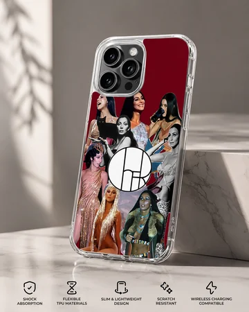 Vintage photo collage of music icon Cher in various legendary outfits on a red phone case — Specs