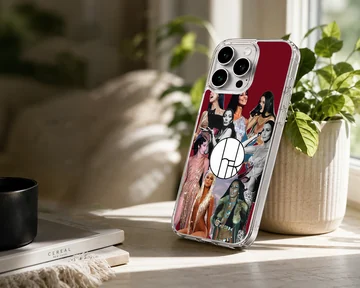 Vintage photo collage of music icon Cher in various legendary outfits on a red phone case — Lifestyle