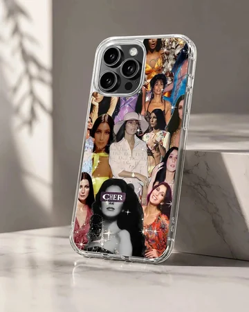 A soft TPU snap phone case showcasing a vibrant vintage collage of Cher portraits with sparkle effects.
