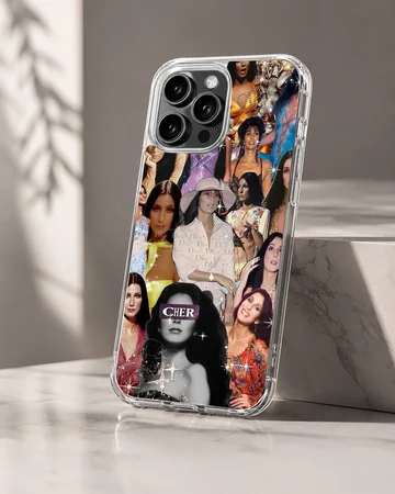 A soft TPU snap phone case showcasing a vibrant vintage collage of Cher portraits with sparkle effects. — Hero