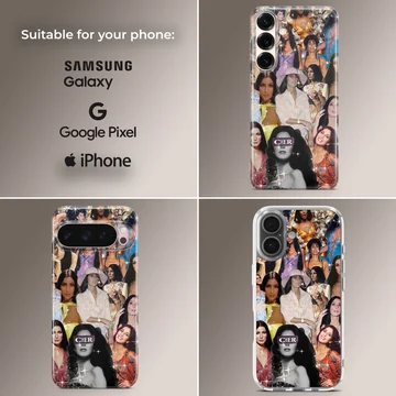 A soft TPU snap phone case showcasing a vibrant vintage collage of Cher portraits with sparkle effects. — Collage