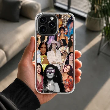 A soft TPU snap phone case showcasing a vibrant vintage collage of Cher portraits with sparkle effects. — Lifestyle
