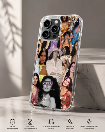 A soft TPU snap phone case showcasing a vibrant vintage collage of Cher portraits with sparkle effects. — Specs