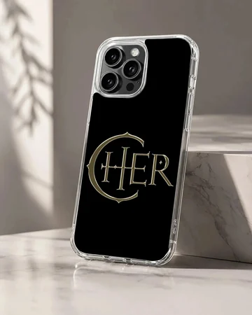 Cher bold metallic typography emblem centered on a solid black background phone case