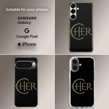Cher bold metallic typography emblem centered on a solid black background phone case — Collage