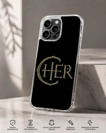 Cher bold metallic typography emblem centered on a solid black background phone case — Specs