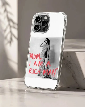 Black and white photographic print of Cher with the red text mom i am a rich man on a phone case