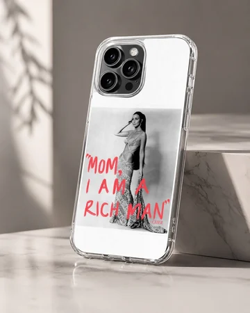Black and white photographic print of Cher with the red text mom i am a rich man on a phone case — Hero