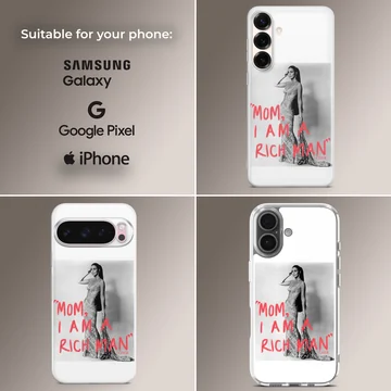 Black and white photographic print of Cher with the red text mom i am a rich man on a phone case — Collage