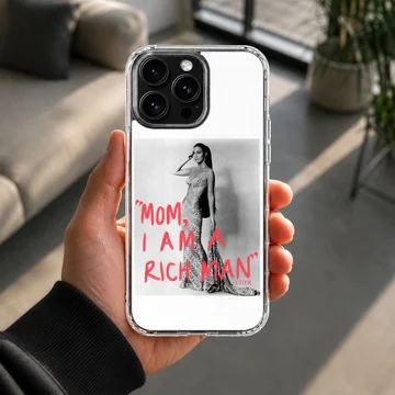 Black and white photographic print of Cher with the red text mom i am a rich man on a phone case — Lifestyle