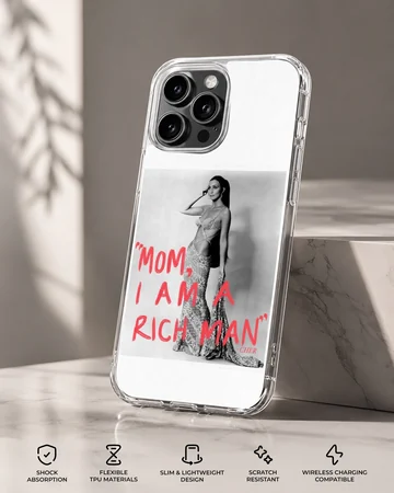 Black and white photographic print of Cher with the red text mom i am a rich man on a phone case — Specs