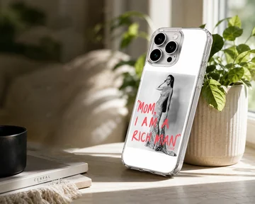 Black and white photographic print of Cher with the red text mom i am a rich man on a phone case — Lifestyle