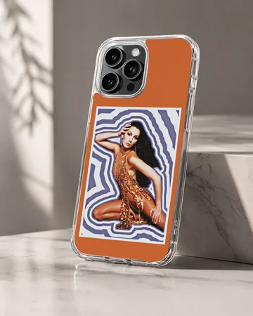 Cher portrait in a glittering stage outfit against a purple wavy background on a phone case — Hero