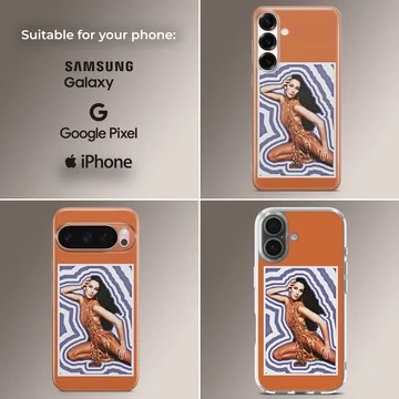 Cher portrait in a glittering stage outfit against a purple wavy background on a phone case — Collage