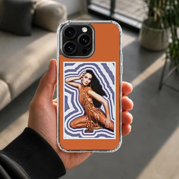 Cher portrait in a glittering stage outfit against a purple wavy background on a phone case — Lifestyle