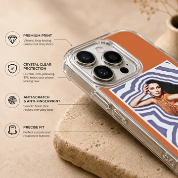 Cher portrait in a glittering stage outfit against a purple wavy background on a phone case — Info