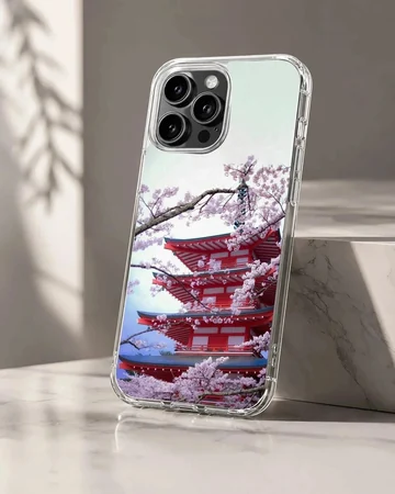 A soft TPU snap phone case featuring a photograph of a red tiered pagoda framed by blooming pink cherry blossom branches.
