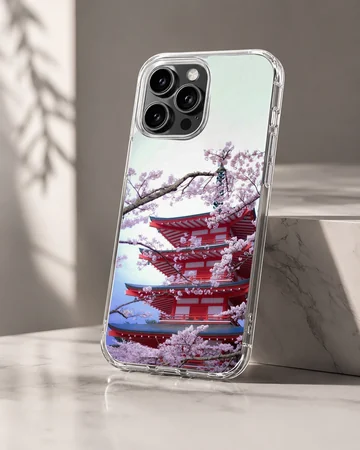 A soft TPU snap phone case featuring a photograph of a red tiered pagoda framed by blooming pink cherry blossom branches. — Hero