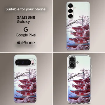 A soft TPU snap phone case featuring a photograph of a red tiered pagoda framed by blooming pink cherry blossom branches. — Collage