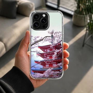 A soft TPU snap phone case featuring a photograph of a red tiered pagoda framed by blooming pink cherry blossom branches. — Lifestyle