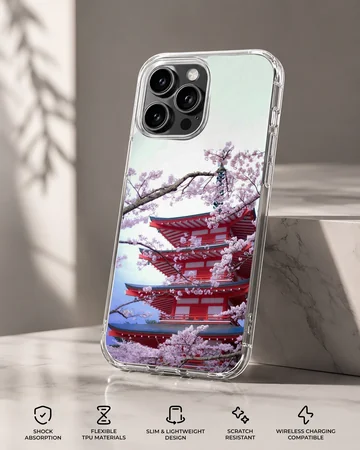 A soft TPU snap phone case featuring a photograph of a red tiered pagoda framed by blooming pink cherry blossom branches. — Specs
