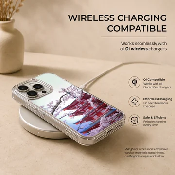 A soft TPU snap phone case featuring a photograph of a red tiered pagoda framed by blooming pink cherry blossom branches. — Charging