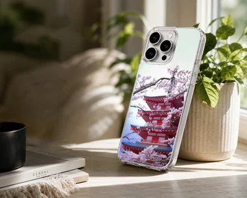 A soft TPU snap phone case featuring a photograph of a red tiered pagoda framed by blooming pink cherry blossom branches. — Lifestyle