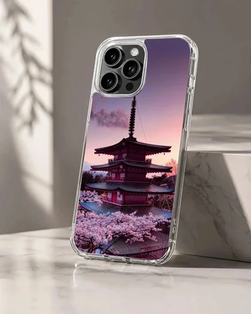 Traditional Japanese pagoda framed by blooming cherry blossom trees at sunset on a phone case