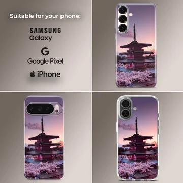 Traditional Japanese pagoda framed by blooming cherry blossom trees at sunset on a phone case — Collage