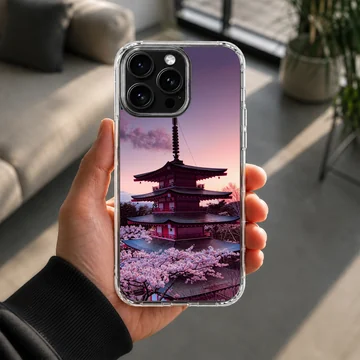Traditional Japanese pagoda framed by blooming cherry blossom trees at sunset on a phone case — Lifestyle