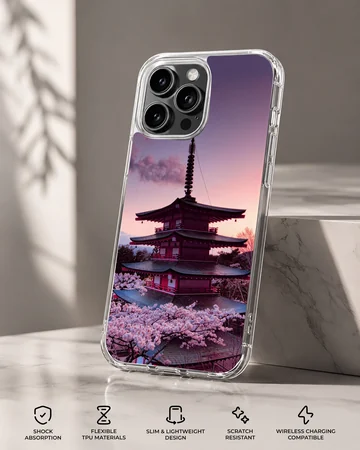 Traditional Japanese pagoda framed by blooming cherry blossom trees at sunset on a phone case — Specs
