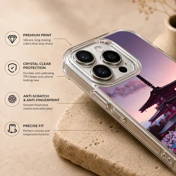 Traditional Japanese pagoda framed by blooming cherry blossom trees at sunset on a phone case — Info