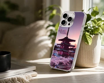 Traditional Japanese pagoda framed by blooming cherry blossom trees at sunset on a phone case — Lifestyle