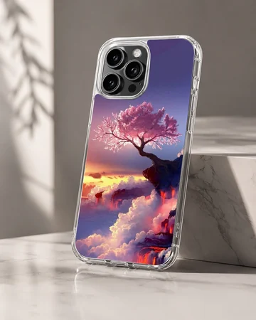 Digital illustration of a glowing pink cherry blossom tree on a clifftop overlooking sunset clouds and a purple sky on a phone case — Hero