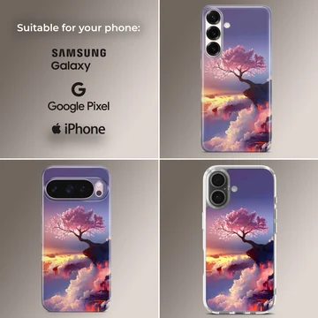 Digital illustration of a glowing pink cherry blossom tree on a clifftop overlooking sunset clouds and a purple sky on a phone case — Collage