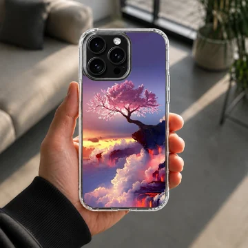 Digital illustration of a glowing pink cherry blossom tree on a clifftop overlooking sunset clouds and a purple sky on a phone case — Lifestyle