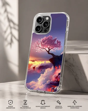 Digital illustration of a glowing pink cherry blossom tree on a clifftop overlooking sunset clouds and a purple sky on a phone case — Specs