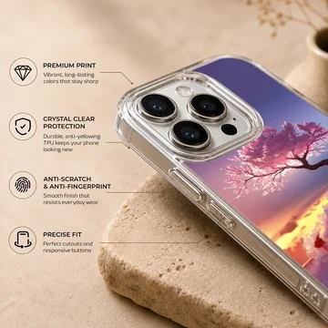 Digital illustration of a glowing pink cherry blossom tree on a clifftop overlooking sunset clouds and a purple sky on a phone case — Info