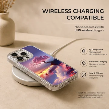 Digital illustration of a glowing pink cherry blossom tree on a clifftop overlooking sunset clouds and a purple sky on a phone case — Charging