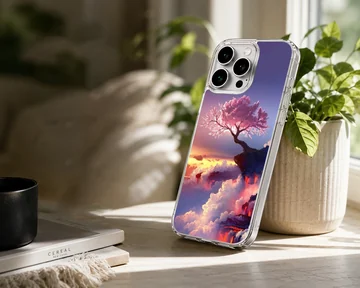 Digital illustration of a glowing pink cherry blossom tree on a clifftop overlooking sunset clouds and a purple sky on a phone case — Lifestyle