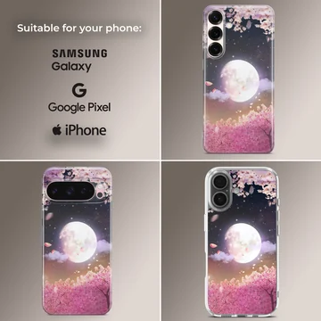 Digital illustration of a glowing full moon over pink cherry blossom trees at night on a phone case — Collage