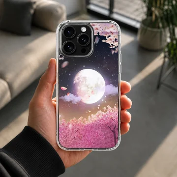 Digital illustration of a glowing full moon over pink cherry blossom trees at night on a phone case — Lifestyle