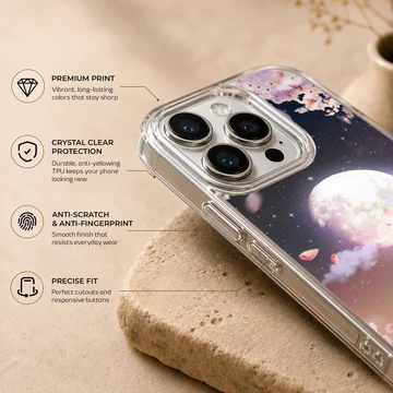 Digital illustration of a glowing full moon over pink cherry blossom trees at night on a phone case — Info