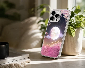 Digital illustration of a glowing full moon over pink cherry blossom trees at night on a phone case — Lifestyle