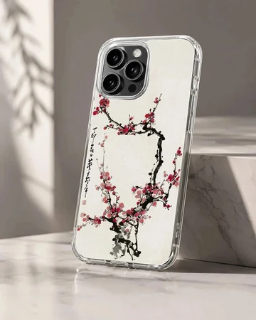 Cherry Blossom phone case featuring traditional style ink wash branches and red blossoms