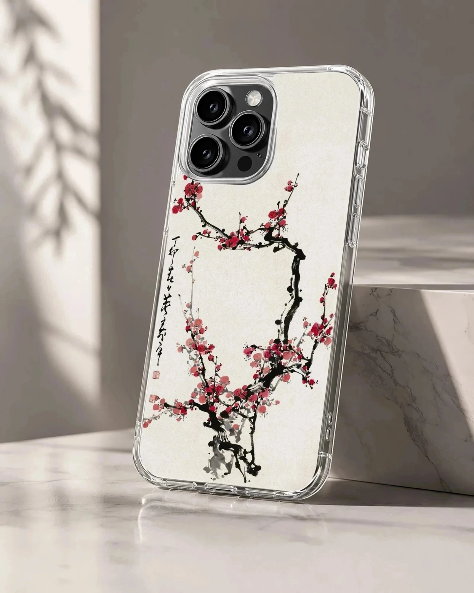 Cherry Blossom phone case featuring traditional style ink wash branches and red blossoms