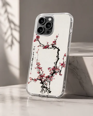 Cherry Blossom phone case featuring traditional style ink wash branches and red blossoms — Hero