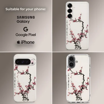 Cherry Blossom phone case featuring traditional style ink wash branches and red blossoms — Collage
