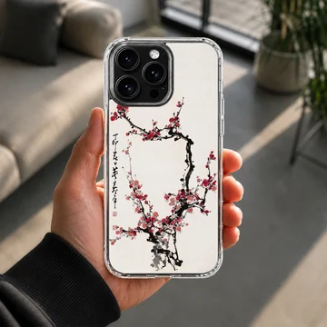 Cherry Blossom phone case featuring traditional style ink wash branches and red blossoms — Lifestyle